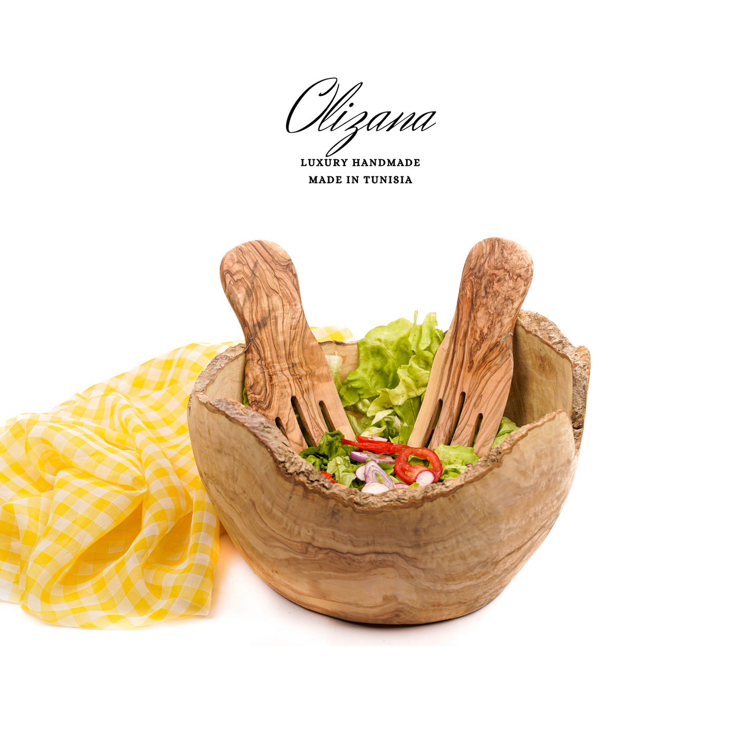 olive wood bowl salad and 2 forks