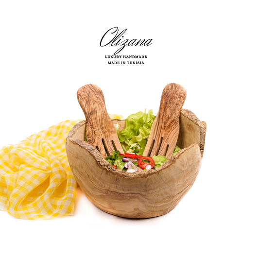 olive wood bowl salad and 2 forks